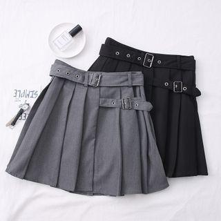 Buckled-accent Pleated Mini Skirt With Belt
