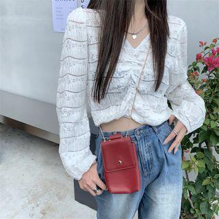 Long-sleeve Drawstring V-neck Top White - One Size