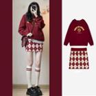 Lettering Hoodie / Argyle Print Knit Skirt