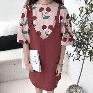 Set: Cherry Print Short-sleeve T-shirt + Pinafore Dress
