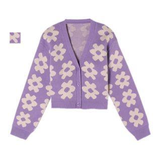 Flower Print Cardigan Purple - One Size