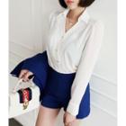 Open-placket Pleated-trim Blouse One Size