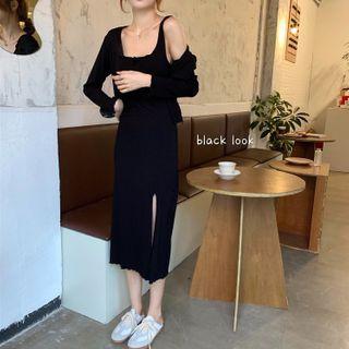 Slit A-line Midi Tank Dress / Cropped Cardigan