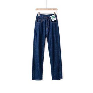 Lettering Patch Washed Straight Leg Jeans