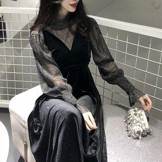 Set: Sheer Turtleneck + Spaghetti Strap Velvet Midi Dress