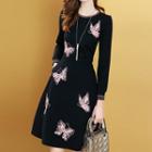 Butterfly Embroidered Long-sleeve A-line Dress