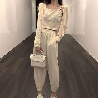 Set: Plain Camisole Top + Cropped Light Jacket / Elastic Waist Cropped Pants