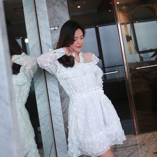 Long-sleeve Mesh Panel Ruffle Trim Chiffon Dress