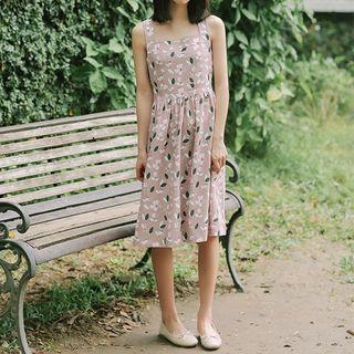 Flower Print Square-neck Sleeveless A-line Dress