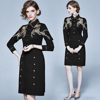 Horse Embroidered Long-sleeve Mini Sheath Dress