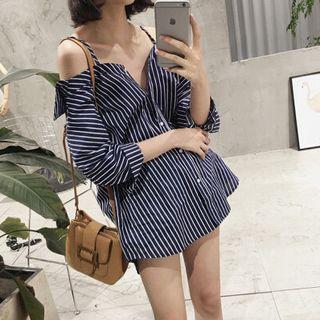 3/4-sleeve Striped Mini Shirt Dress