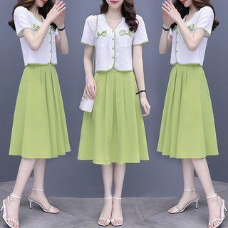 Set Of 2 - Single-breasted Cropped Top + Plain A-line Skirt