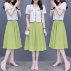 Set Of 2 - Single-breasted Cropped Top + Plain A-line Skirt