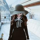 Long-sleeve Tie-neck Midi A-line Knit Dress Black - One Size