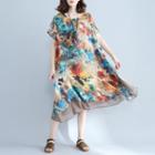 Printed Short-sleeve Midi A-line Dress Multicolor - One Size