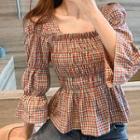 Color-block Square-neck Long-sleeve Blouse As Shown In Figure - One Size
