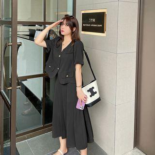 Set: Short-sleeve Button Blouse + Pleated Midi A-line Skirt