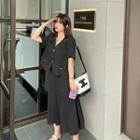 Set: Short-sleeve Button Blouse + Pleated Midi A-line Skirt