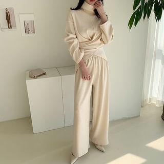 Set: High-neck Wrap Knit Top + Wide-leg Pants Cream - One Size