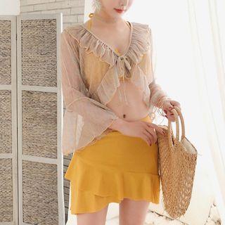 Set: Frill-trim Bikini Top + Swim Skirt + Long-sleeve Cover-up