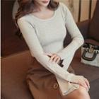 Buttoned Sleeve Knit Top Beige - One Size