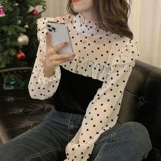 Dot Print Mock-neck Blouse