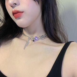 Rhinestone Heart Layered Choker Silver - One Size