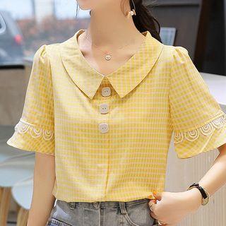 Short-sleeve Lace Trim Gingham Blouse