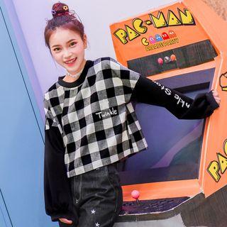 Plaid Panel Lettering Pullover