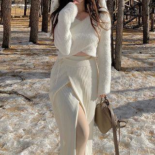 Cropped Sweater / Tie-waist Knit Midi Wrap Skirt