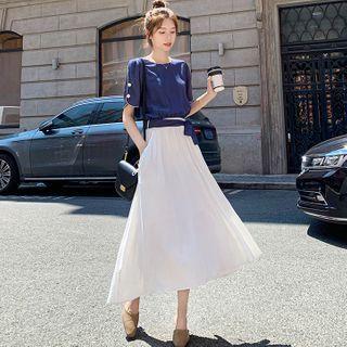 Short-sleeve Lace-up Bow Panel Plain Dress