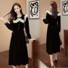 Collared Long-sleeve A-line Midi Velvet Dress
