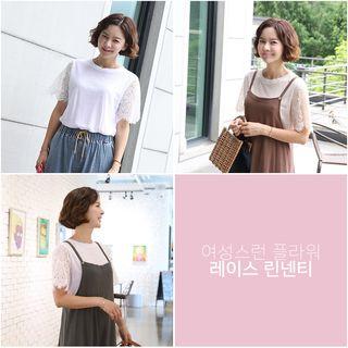 Round-neck Lace-sleeve Linen Blend T-shirt