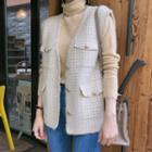 Metal-button Fringed Checked Knit Vest