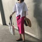 Elbow-sleeve Asymmetrical Top / Slit Midi Skirt