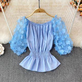 Off-shoulder Floral Mesh Shirred Peplum Blouse