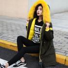 Furry-trim Hooded Lettering Padded Parka