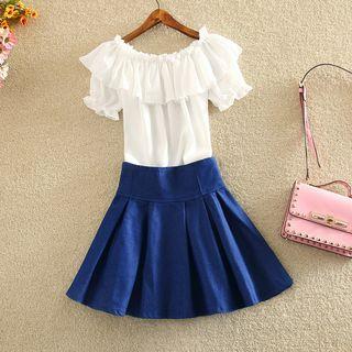 Set: Off-shoulder Short-sleeve Top + High Waist A-line Skirt
