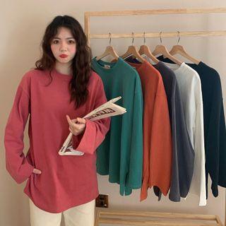 Long-sleeve Plain Wide Round-neck T-shirt