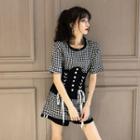 Plaid Short Sleeve T-shirt Dress / Corset Belt