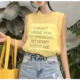 Set: Lettering Spaghetti Strap Top + Mesh Sleeveless Top