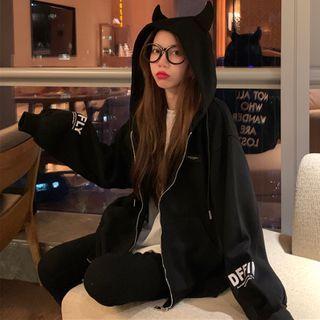 Devil Horn Lettering Zipped Hoodie