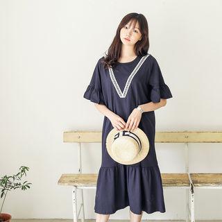 Ruffle-hem Lace-trim Long Dress