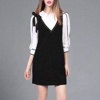 Set: Contrast Trim 3/4 Sleeve Blouse + Bow Accent Pinafore Dress