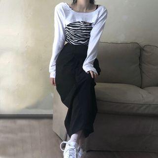 Long-sleeve Crop Top / Zebra Print Tank Top / Midi Straight-fit Skirt