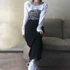 Long-sleeve Crop Top / Zebra Print Tank Top / Midi Straight-fit Skirt