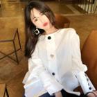 Loose Fit Button Plain Long Sleeve Blouse White - One Size