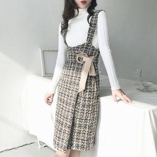 Mock Neck Long Sleeve Knit Top / Tweed Pinafore Dress