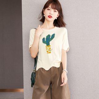 Short-sleeve Scallop Trim Cactus Print T-shirt