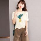 Short-sleeve Scallop Trim Cactus Print T-shirt